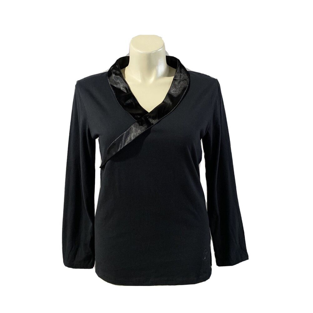 Temperley London L Top Basic Black Tee Shirt Long Sl Satin Collar‎ V Neck FIRST